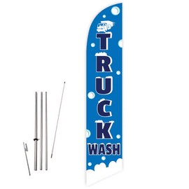GLOBAL ADVERTISING SOLUTIONS Truck Wash Blue Feather Flag Eye Catching Banner Sign for Business and Marketing Complete Set with 15 ft Pole Kit and Ground Spike