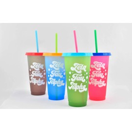 Sorority Shop Zeta Tau Alpha Color Changing Cups - Pack of 4 Reusable Cups with Lids and Straws, Zeta Tau Alpha Cup, Perfect Size 24 Oz Tumbler Cups, Mix and Match Lids With Cool Retro Design