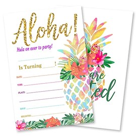 Grace Yonks Pineapple Birthday Invitation, Tropical Party Invite, Luau Hawaiian Invitation, 20 Invitations and Envelopes, Pool Birthday party Invitations, Pool Birthday Party Supplies.(027-1)