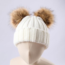 SERENYOU Children's Winter Hat Double Pom Pom Toddler Boys Girls Warm Knitted Bobble Hat, White