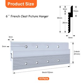 6 inch French Cleat Picture Hanger, Aluminum Mirror Hanging Kit with Hardware, Ideal for Artwork, Whiteboard, Cabinet, Holds 60 lbs. per Pair, 10 Pair