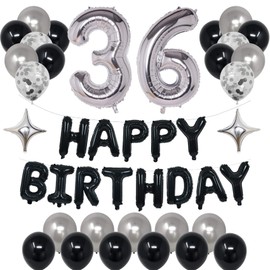 NANINUNENO 36th Black Silver Birthday Party Decorations for Men Women, Happy 36 Birthday Party Supplies with Black Happy Birthday Banner, Silver Foil Stars, Happy Birthday Balloons for 36th Birthday