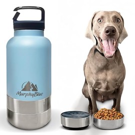 MurphyBlue - Botella de agua para perro, 32 onzas, azul/claro, con tazón de acero inoxidable y aislamiento térmico, para perros