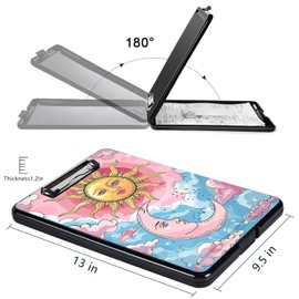 Clipboard with Storage, High Capacity Plastic Storage Clipboard with Pen Holder for for Women Teachers Work, School & Office Supplies, Cute Pattern Decorative Clipboards, Sun and Moon