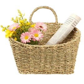Kultilanda Hanging Wall Basket Handwoven Wicker Basket for Plants, Flowers & Storage, Rustic Farmhouse Wall Decor Organizer, Natural Seagrass