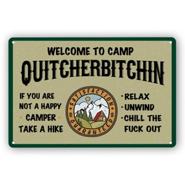 QYAYIK Welcome To Camp Quitcherbitchin Sign, Camper Decor Camping Hanging Signs Rv Accessories for Inside Decorations, Funny Travel Trailers Happy Gifts Wall Decor Gifts, 8 x 12 Inch