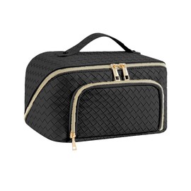 Large Cosmetic Bag Makeup Bag Waterproof PU Leather Travel Makeup Bag with Large Wide Open Bag for Women, Vintage Black, vintage