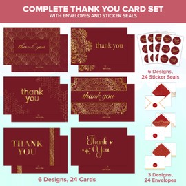 Decorably 24 Pack Gold Foil 6x4in Red Thank You Cards with Envelopes and Stickers, 6 Elegant Designs for Friends, Family, Loved Ones, Blank Inside - All Occasions, Holidays, Gifting, Mailing