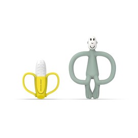 Matchstick Monkey, Antimicrobial Teething Gift Set - 1 Banana Shaped Soother and 1 Animal Teether, 3 Months Old+, Banana & Monkey Y
