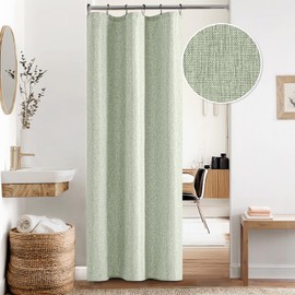 Sage Green Linen Textured Fabric Shower Curtain Set - 36"x72" with 6 Rust Resistant Durable Metal Hooks, Waterproof & Heavy Duty Polyester, Button Hole Design, Machine Washable for Bathroom Decor
