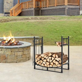Hysache Firewood Rack with 4 Tools, 30" Indoor Outdoor Steel Fireplace Wood Organizer w/Kindling Holder, Shovel, Poker, Tongs, Brush, Firewood Log Holder for Wood Stove, Fireside & Fire Pit (30")