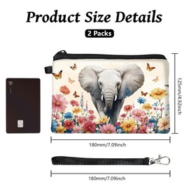 Peacoblue Coin Purse for Women Girls Elephant and Flowers 2 Packs Small Change Purse with Zipper, Durable and Soft Canvas Wallet Pouch for Travel, Gift