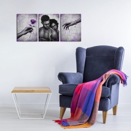 Kalormore African American Woman and Man Painting Purple Golden Sweet Love Couple Canvas Wall Art Giclee Prints Gallery Wrap Artwork for Bedroom Living Room Bathroom Decoration (12"x16"x3)