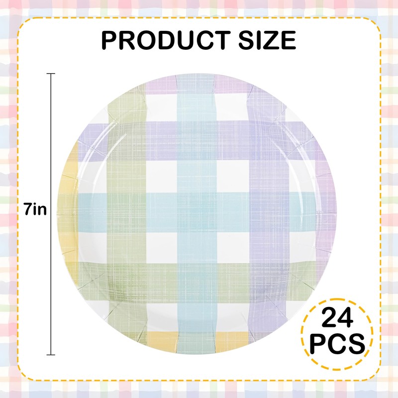 AllReal 24Pcs Spring Easter Dessert Plates Pastel Gingham Disposable Paper