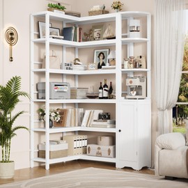 Keyluv 72" Tall Corner Bookshelf with Door, 6-Tier L Shaped Bookshelves and Bookcase with Storage Cabinet, 2 Pieces Individual Convertible Book Shelf, Display Shelf for Home Office Living Room, White