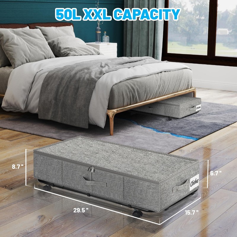 Large Sturdy Under Bed Storage with Wheels, 2 Pack 50L