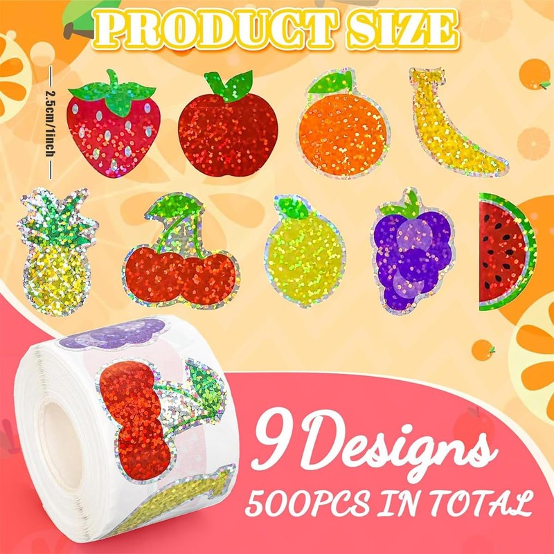 HEYTRCO 500Pcs Glitter Fruit Stickers Roll, 12 Holographic Sparkle Designs