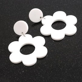 Snow White Acrylic Open Cut Flower Drop Earrings - 55mm Long