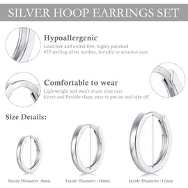 GULICX 3 Pairs Silver Hoops Earrings for Women Hypoallergenic S925 Sterling Silver Hoop Earrings Set Small Cartilage Sleepers Huggie Hinged Unisex Hoop Earrings Set for Girls Men (8 10 12mm)