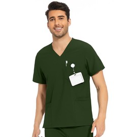 COZYFIT Scrub Top for Men - Stretch V-Neck Scrubs with 3 Pockets, Anti-Wrinkle - Army Green, L