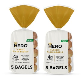 Hero Classic Plain Bagel - 4g Net Carbs, 19g Protein, High Fiber, 130 Calories per serving (10 bagels, 2 packs of 5)