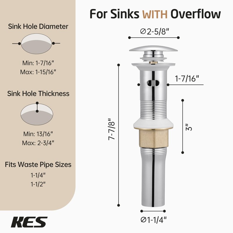 KES Bathroom Sink Drain with Overflow, with Strainer Basket Hair