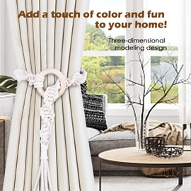 SRG Handmade Boho Curtain Tiebacks Hand Knitting Cotton Curtain Holdbacks with Adjustable Natural Wooden Rings Accessories Wall Decoration for Home Office