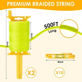2PCS Mason Line String, #18 500 FT Braided Construction Nylon Line String with 10 Built-in Levels, String Level Line Kit for Precision Work, DIY and Gardening Projects (Yellow)