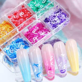 Tyuimhx 6 Colors Letter Nail Art Glitter Sequins 3D Holographic 26 English Letter Nail Glitter Flake Laser Alphabet Designs Glitter Supplies for Acrylic Nails Women DIY Manicure Tip Crafts Decorations