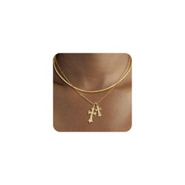 Warshion Cross Necklace 14K Gold Plated Layered Double Cross Pendant Necklace Dainty Diamond Cross Charm Link Chain Stackable Stack Choker Delicate Faith Jewelry