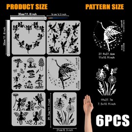 FINGERINSPIRE Set of 6 Drawing Stencils with Fairy and Elf and a Brush in 2 Sizes Painting Template Dream Angel Fairy with Dandelion Star Moon Mushroom Stencil for Painting on Wood, Walls, Fabrics and