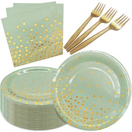 WXLDGHQ Serve 35 Guests Sage Green and Gold Party Supplies,Sage Green Plates and Napkins,7 Inch Disposable Sage Green Dessert Paper Plates for Wedding Birthday Party