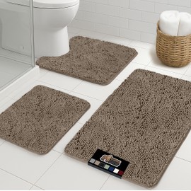 GORILLA GRIP Bathroom Rug Sets 3 Piece, Bath Mat Set and Oval Toilet Base with Rubber Backing, Plush Absorbent Shaggy Chenille Washable Mats, Includes 24x19.5, 24x17 and 36x24 Inch Rugs, Beige