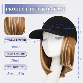 FORCUTEU Hat Wigs for Women Baseball Cap with Hair Extensions Short Straight Bob Hairstyle Caps with Hair Attached Adjustable Baseball Cap Wig for Daily Party(12inch)