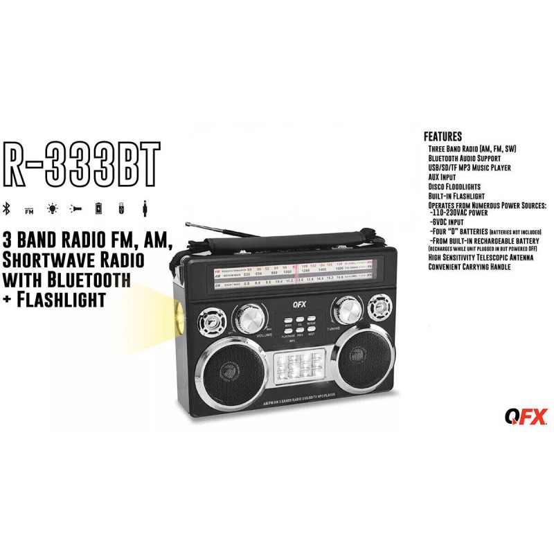 QFX Black Portable Retro AM/FM/SW 3-Band Radio With Flashlight Bluetooth