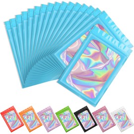 Artcut 100 PCS Smell Proof Mylar Bags Holographic Packaging Bags, Resealable Odor Proof Bags Foil Pouch Ziplock Bags for Food Storage and Lipgloss, Jewelry, Eyelash Packaging (Blue, 6.3 * 9.4inch)