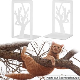 Qualsen Pack of 2 Metal White Bookends, Trees and Cat Bookends, Bookends with Non-Slip, Decorative Bookends, Bookends for School, Home, Office, School Supplies