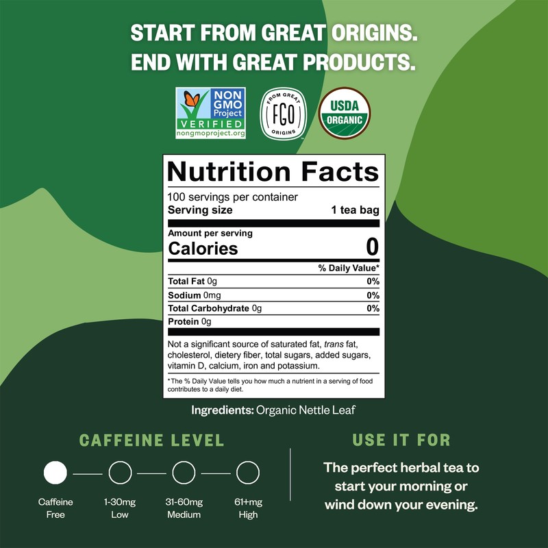 FGO Organic Nettle Leaf Tea, 100 Count, Eco-Conscious Tea Bags,