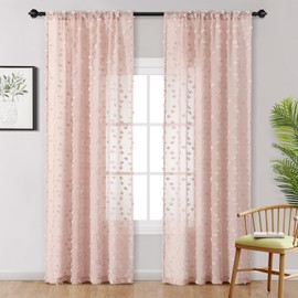 MYSKY HOME Pom Pom Pink Sheer Curtains for Bedroom Light Filtering Semi-Sheer Curtains for Nursery Girls Kids Room Boho Rod Pocket Voile Window Draperies Dusty Pink 37 x 84 inch 2 Panels