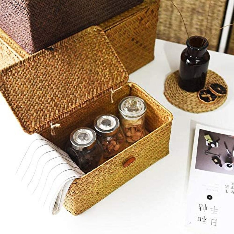 Seagrass Storage Basket Woven Storage Box with Lids Makeup Organizer