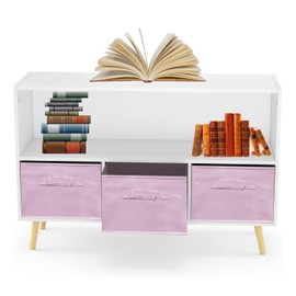 Toy Storage Organizer Bookshelf with Storage with 3 Collapsible Fabric Drawers and Pine Legs, Kids Bookcase and Top Shelf for Organizing Toys and Books in Playroom Nursery or Children's Room (Pink)