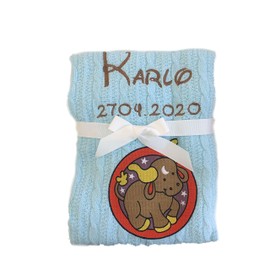 KIDDI-MEDIA Zodiac Sign Baby Blanket Embroidered with Name and Date of Birth / Cuddly Soft (Aqua)