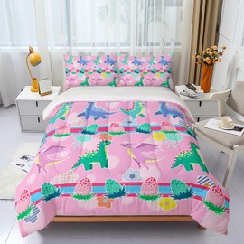 Kawaii Dinosaur Pink Comforter Set,Cartoon Cute Dino 3 Piece Bedding Set Full for Girl Boy,Kawaii Bedding Quilt Set Dinosaur Decor,Soft Microfiber Lightweight 1 Comforter 2 Pillowcases All Season