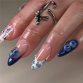 Almond Press on Nails Medium OFDNE 3D French Tip Fake Nails False Nails with Fruit Blueberry Designs Blue&White Glossy Glue on Nails Summer Stick on Nails for Women Girls 24Pcs