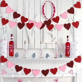 48 Pcs Felt Heart Garland Banner, Valentines Day Decorations, for Mantle, Wall, Party Valentines Decorations, Pink Red Claret Heart Garlands for Valentines Day Decor