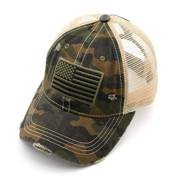 Ponytail Trucker Hat: American Flag - Olive Camo