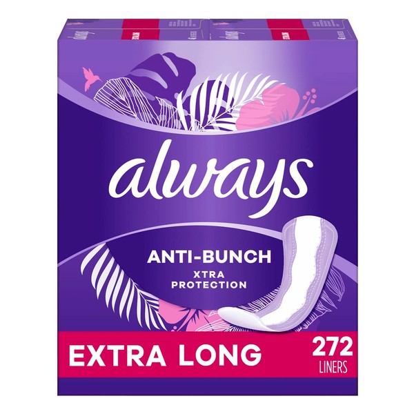 Always Anti-Bunch Xtra Protection, Panty Liners For Women, Extra Long Length, Unscented, 68 Count X 4 Packs (272 Count Total) (Packaging May Vary)