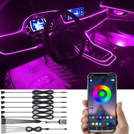 TABEN Car Ambient Lighting Kit 8m Fiber Optic 64 Colors Bluetooth APP Control USB Car Footwell Atmosphere Light, DIY 16 Millions RGB Multicolor Sound Active Music Sync Car Interior Lighting DC 12V