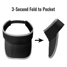 Folding Sun Visor Hat - Adjustable Sports Cap Running Golf Tennis Cap with Reflective Trim on Brim & Crown for Women Men, Black