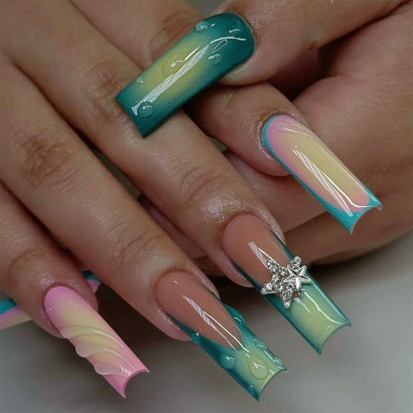 IMRAIN Press on Nails Long Square Fake Nails Green French
